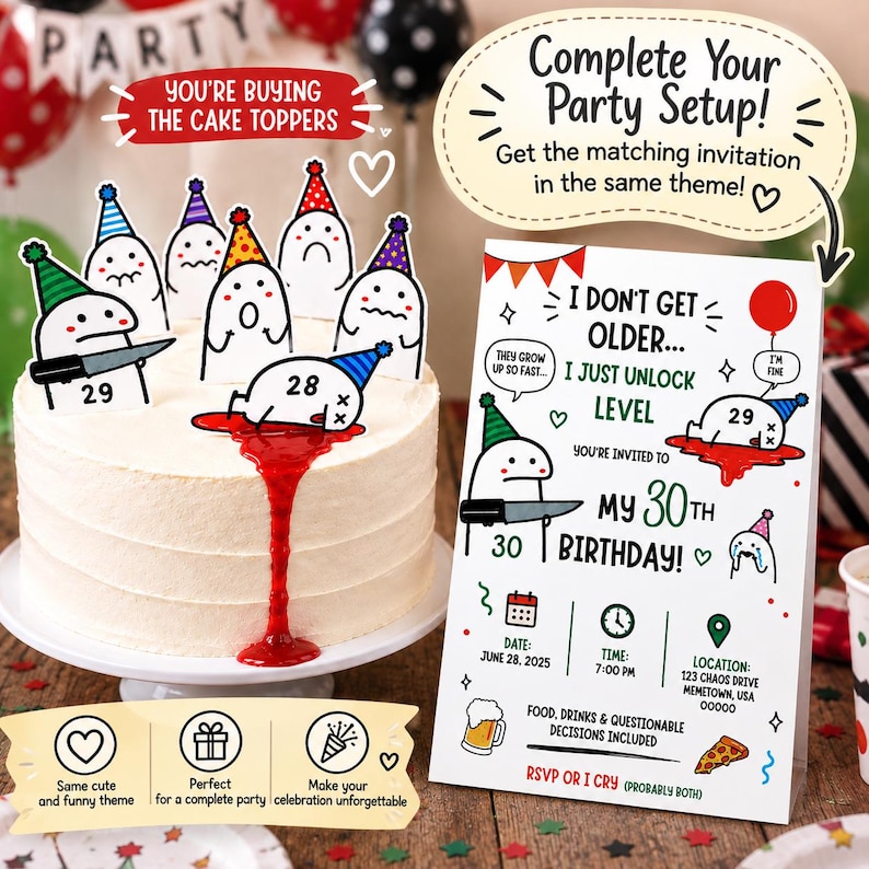 Funny Meme Cake Topper | Birthday Meme Cake Decorations | Cute Stick Figure Cupcake Toppers | Whimsical Party Hat Character Toppers Set, PDF image 6