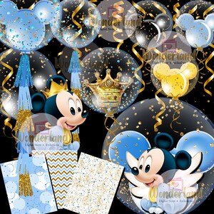 Puede incluir: Un paquete de papel digital con Mickey Mouse con una corona, globos azules y dorados y confeti. El paquete incluye cuatro patrones diferentes: lunares azules y dorados, chevron azul y dorado, purpurina azul y dorada y un patr&oacute;n de purpurina azul y dorada s&oacute;lido.
