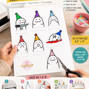 Funny Meme Cake Topper | Birthday Meme Cake Decorations | Cute Stick Figure Cupcake Toppers | Whimsical Party Hat Character Toppers Set, PDF image 4