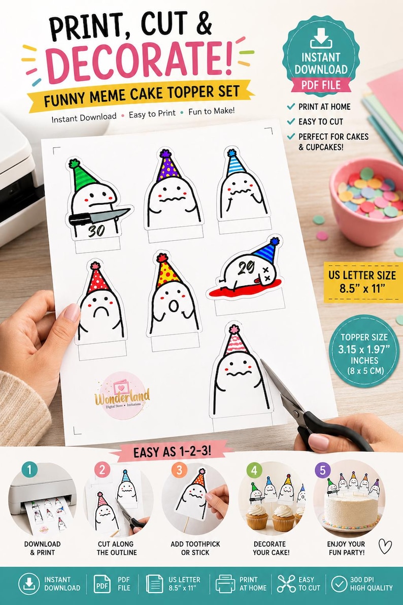 Funny Meme Cake Topper | Birthday Meme Cake Decorations | Cute Stick Figure Cupcake Toppers | Whimsical Party Hat Character Toppers Set, PDF image 4