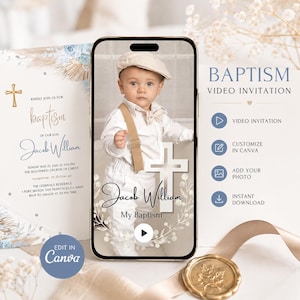 Könnte beinhalten: Eine digitale Tauf-Videoeinladung auf einem Smartphone-Bildschirm, die ein Kind in einem weißen Hemd, beigen Hosenträgern und einer Mütze zeigt. Die Einladung enthält den Text Jacob William, My Baptism und Details zur kirchlichen Zeremonie.