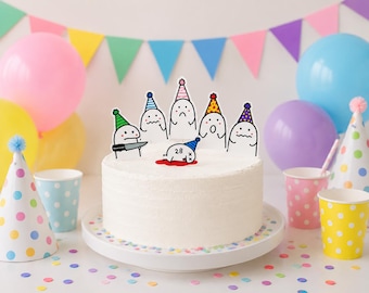 Funny Meme Cake Topper | Birthday Meme Cake Decorations | Cute Stick Figure Cupcake Toppers | Whimsical Party Hat Character Toppers Set, PDF