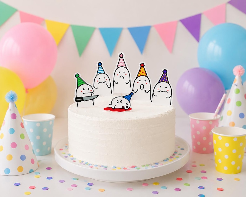 Funny Meme Cake Topper | Birthday Meme Cake Decorations | Cute Stick Figure Cupcake Toppers | Whimsical Party Hat Character Toppers Set, PDF image 3