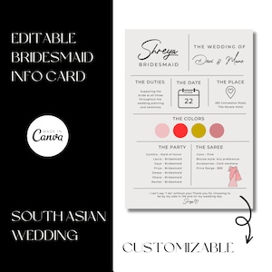 Tarjeta de información de dama de honor INDIA, plantilla de canva de boda del sur de Asia, editable y totalmente personalizable