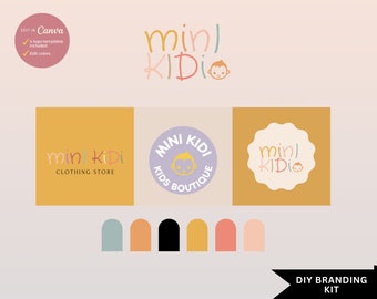 Puede incluir: Un kit de branding digital que presenta el texto Mini KiDi con un icono de cara de bebé estilizado. El diseño incluye tres variaciones de logotipo en amarillo, lavanda y crema, junto a una paleta de seis colores y el texto Edit in Canva.