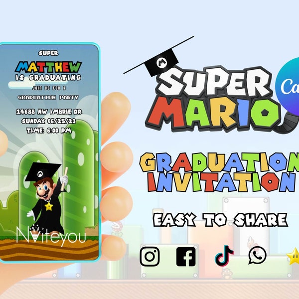 Editable Video Graduation Party Invitation  |  Canva Mario Party Invitation  |