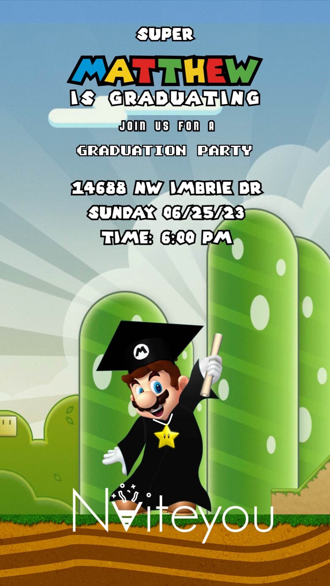 Editable Video Graduation Party Invitation | Canva Mario Party ...