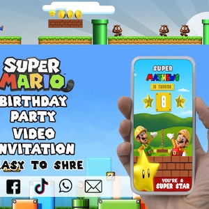 Convite em vídeo do aniversário de Super Mario | Cartão eletrônico Mário e Luigi