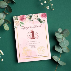 Digital Download, Personalised Birthday Invitation, First Birthday Invitation, Invite Cards, Floral Invite, Elegant Birthday Invite