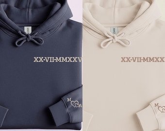 Embroidered Roman Numeral Date Hoodie, Personalized Anniversary Gift