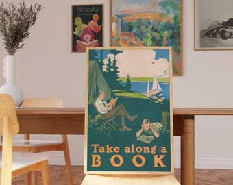 Reading Wall Art, Vintage Posters, Home Library Art Prints, Vintage Gallery, Library Aesthetic, Mid Century Mod Art, Book Reading Poster