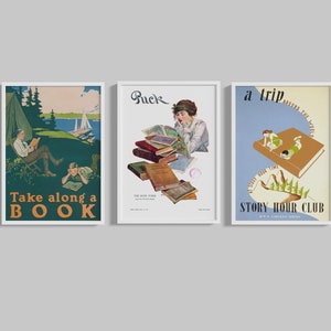 Reading Posters, Library Aesthetic, Home Library Decor, Vintage Posters, Mid Century Mod Art, Vintage Book Posters, Posters for Home Library