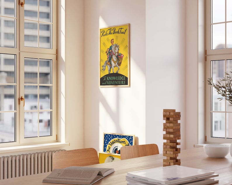 Interior image showing a set of vintage book and library themed posters. Reading and book related wall art for downloading and printing at home.