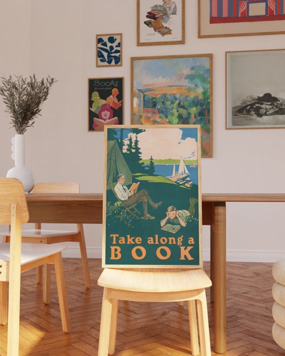 Reading Wall Art, Vintage Posters, Home Library Art Prints, Vintage Gallery, Library Aesthetic, Mid Century Mod Art, Book Reading Poster