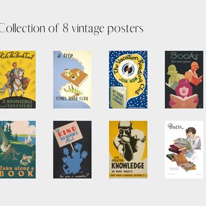 Collection includes 8 colorful vintage posters that are book, library, and reading themed. For downloading and printing at home.