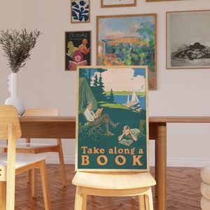 Interior image showing a set of vintage book and library themed posters. Reading and book related wall art for downloading and printing at home.