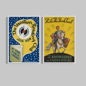 May include: Two framed vintage posters. The left poster reads "The Vacation Reading Club" with a book illustration and "At Your Public Library." The right poster says "Ride The Book Trail" with a boy and girl on a horse and "To Knowledge and Adventure."