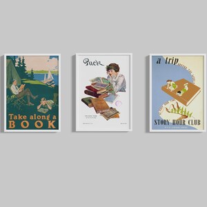 Set of vintage book and library themed posters. Reading and book related wall art for downloading and printing at home.