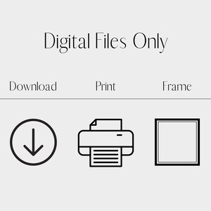 May include: Image with the text "Digital Files Only." Below the text are the words "Download," "Print," and "Frame." Each word has a corresponding icon: a downward arrow, a printer, and a picture frame.
