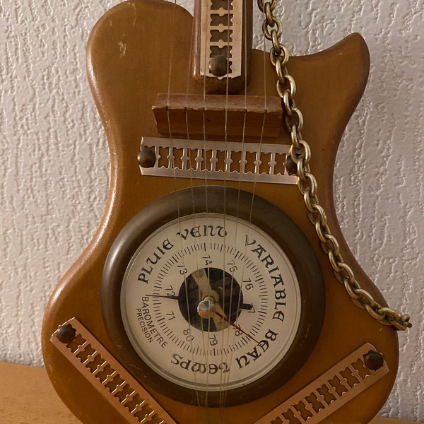 FRENCH WOODEN BAROMETER Handmade Guitar Shape Precision  Weather Station. Gorgeous French Vintage Piece.