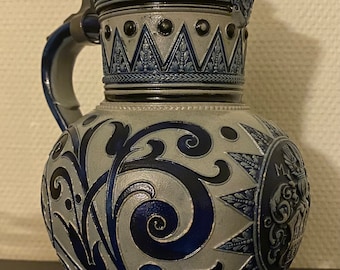 German Antique  MARZI RÉMY Ceramic Blue Scrollwork Pewter Lidded Stein 2L