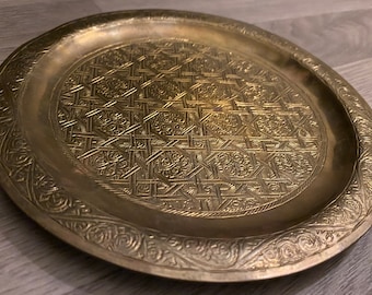 Vintage Islamic Middle East Hand Chased Brass Tray Platter