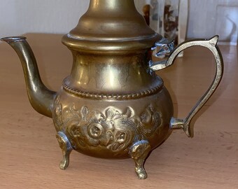 Small Rare Antique Elegant Moroccan Handcrafted Engraved Brass Footed Teapot.