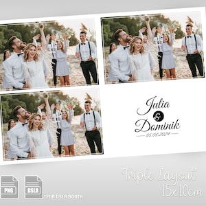 Könnte beinhalten: Eine dreifache Fotobooth-Layout-Vorlage für eine Hochzeit mit den Namen Julia und Dominik und dem Datum 05.08.2024. Die Vorlage ist 15 cm x 10 cm groß.