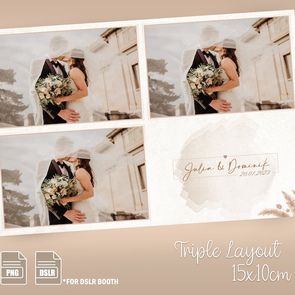 Hochzeit Fotobox Vorlage, Wedding Photo Booth Template (triple), (4x6/10x15), personalisiert - "Bohoo Wedding", (PNG, PSD, DSLR-Booth)
