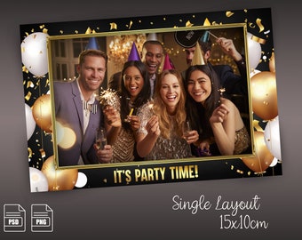 Party Photo Booth Template, Party Photo Booth Template (single), (4x6/10x15), Personalized - "Gold Party", (PNG, PSD)