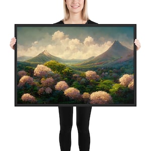 Cherry Mountain Forest 1 Framed Print, Landscape Art, Studio Ghibli, Nature Art, Nature Decor