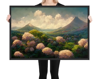 Cherry Mountain Forest 1 Framed Print, Landscape Art, Studio Ghibli, Nature Art, Nature Decor