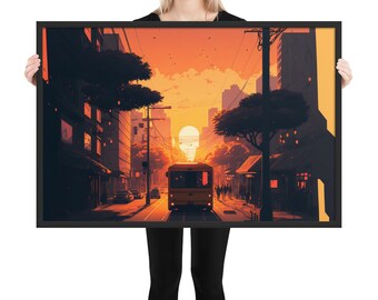 Cityscape Street View Framed Print, Original Art Piece, Studio Ghibli, Vector Art, Wall Art, Home Decor
