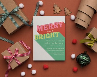 May include: A holiday party invitation with the text "Merry and Bright" in colourful letters. The invitation is for the Dobson's Annual Holiday Party on Friday, 16th December at 6 o'clock in the evening. The address is 119 Millcrest Coffee, Lakeland, FL.