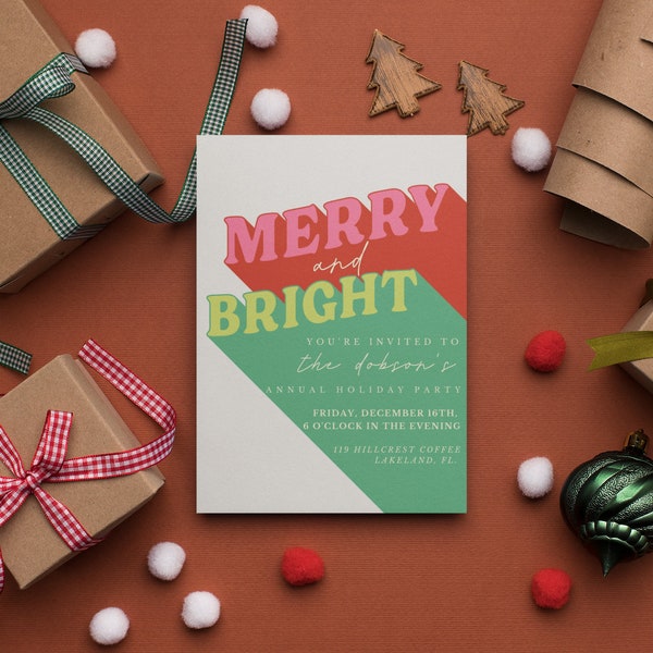 Merry and Bright Holiday Party Invitation Template | Retro Winter Customizable Invite | Merry Christmas Party Invite | Edit with CANVA