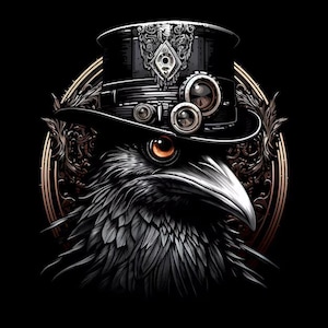 May include: A black raven wearing a steampunk-style top hat with gears and cogs. The raven's eye is visible and the hat has a gold design.