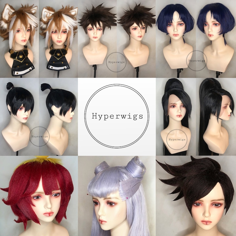May include: A collection of nine different synthetic hair wigs for cosplay and costume use. The wigs are displayed on mannequin heads and feature a variety of styles, colors, and lengths. The wigs are all from the brand Hyperwigs.
