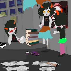 May include: Three cartoon characters in a room. One character is sitting at a table with a stack of books and a notebook. Another character is standing with an umbrella and a skirt. The third character is standing next to a framed picture. The room is messy with papers on the floor.