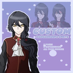 May include: A digital illustration of a character with dark hair and yellow eyes wearing a maroon vest over a black shirt with a white cravat. Text reads: CUSTOM DANGANRONPA SPRITE, 2 POSES, 8 EXPRESSIONS, ALL YOUR CHOICE! The background is light purple.