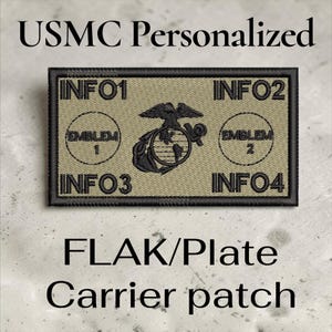 Parche verde USMC Bagby FLAK/portaplacas - 2 emblemas personalizables - 4 campos de texto/información personalizables - Emblemas de unidad con cierre de velcro