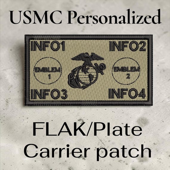 USMC Bagby green FLAK/ plate carrier patch- 2 customizable emblems-4 customizable text/info fields- hook and loop patch unit emblems