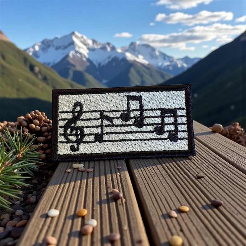 May include: Embroidered patch featuring a musical staff with a treble clef and musical notes in black on a white background. The patch has a black border. The background shows a mountain range and a blue sky.