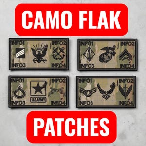 May include: Four rectangular embroidered patches featuring a camouflage pattern background with black borders. Each patch displays various military-style insignias, symbols, and the text labels INFO1, INFO2, INFO3, and INFO4 in the corners.