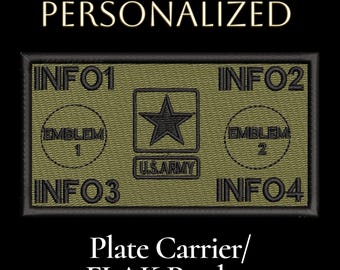 Army personalized customizable plate carrier/FLAK identification patches, hook and loop application. 2 customizable emblems, 4 text fields