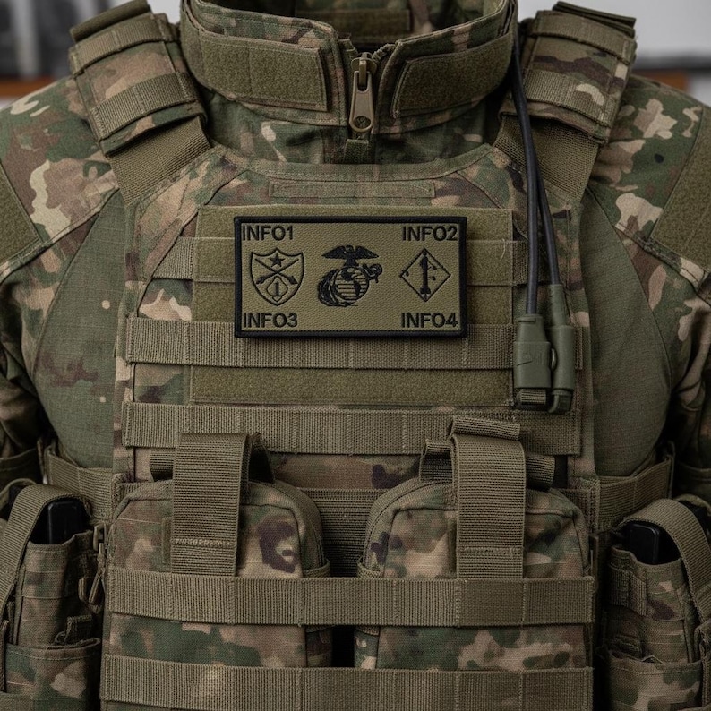 USMC Bagby grön FLAK/plate carrier-märke - 2 anpassningsbara emblem - 4 anpassningsbara text-/infofält - kardborremärken för enhetsemblem bild 2