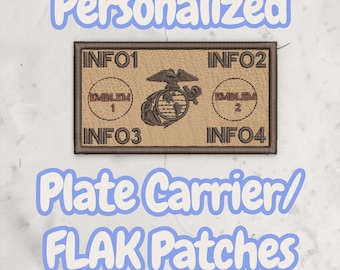 USMC anpassningsbara FLAK/plate carrier-märken – två anpassningsbara emblem, 4 anpassningsbara informationstextfält