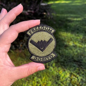 May include: An olive green patch featuring the words "FREEDOM" and "DORITO" in curved text. A black stealth bomber design is in the centre. The patch is held up against a green background.