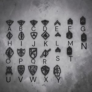 May include: A collection of black military-style patches arranged in a grid, each labeled with a letter from A to Y. The patches feature various shapes, including shields, chevrons, and diamonds, displaying symbols like numbers, swords, and stars.