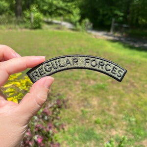 Pode incluir: Patch bordado em verde oliva e preto com as palavras "REGULAR FORCES" em letras brancas. O patch é arqueado e tem uma borda preta. O patch é segurado contra um fundo verde.