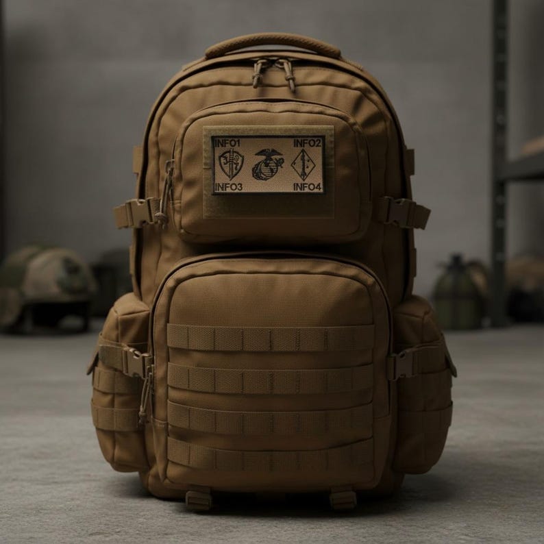 May include: A tan tactical backpack featuring multiple zippered compartments, side compression straps, and a front MOLLE webbing system. A rectangular patch is centered on the upper pocket, displaying the text INFO1, INFO2, INFO3, and INFO4.